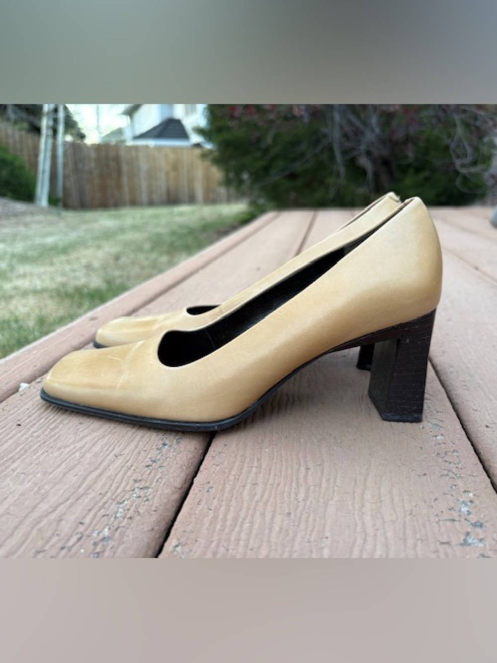Nine West beige square-toe pumps block heels size 6.5 leather